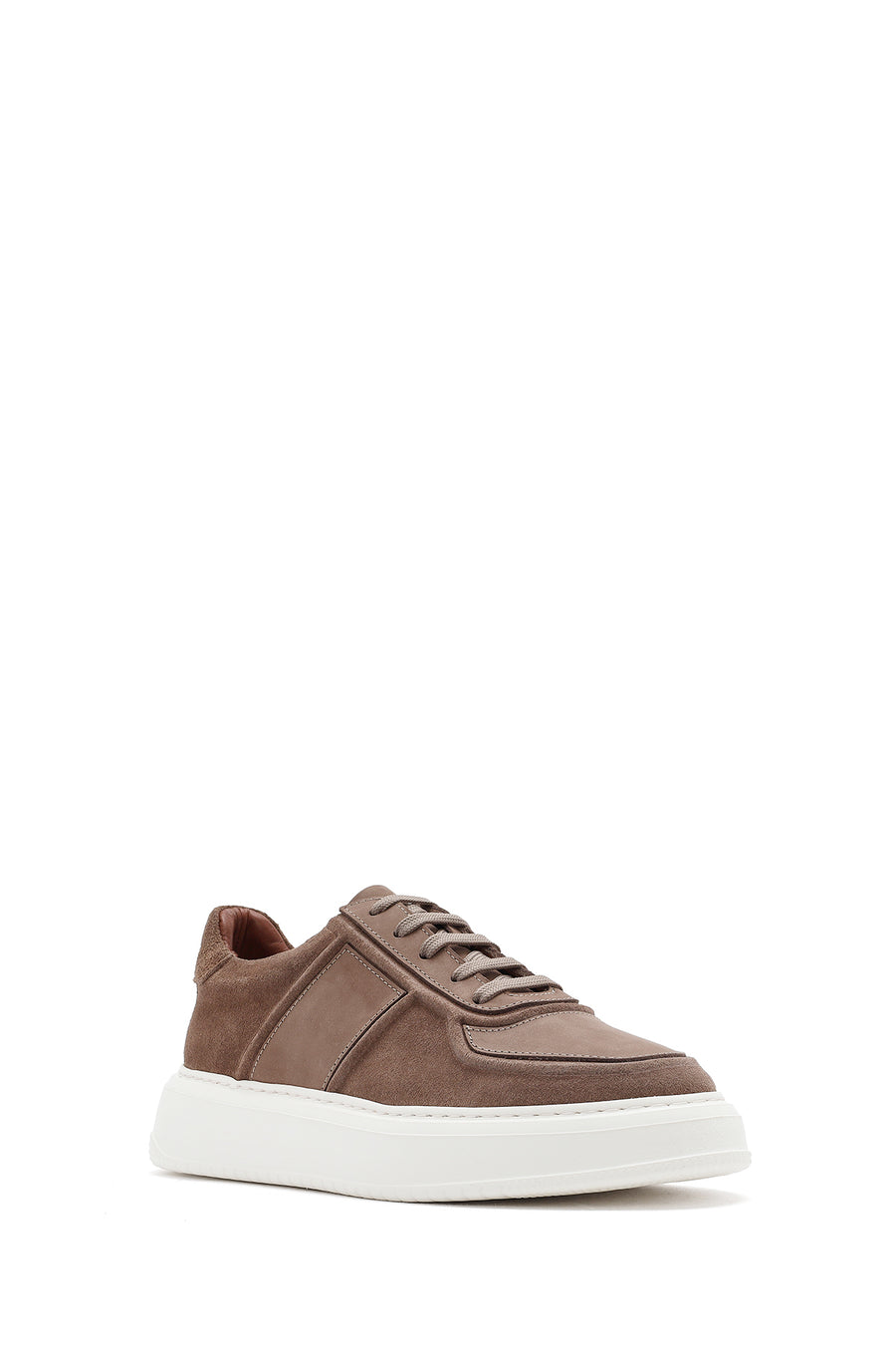 Men's Beige Lace-Up Thick-Sole Suede Leather Sneakers