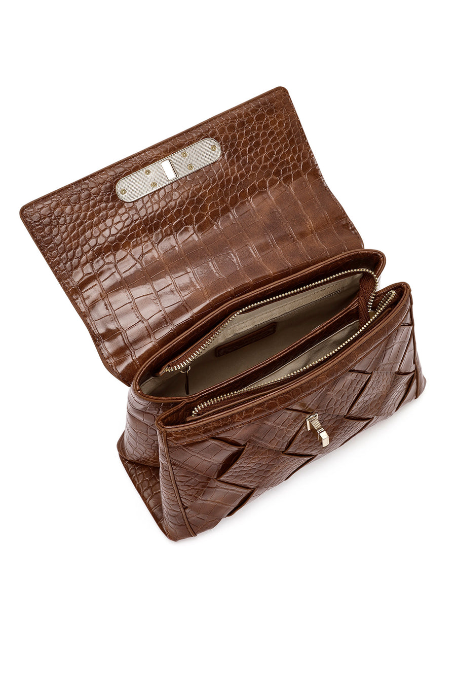 Women's Brown Long Strap Crocodile Patterned Handbag