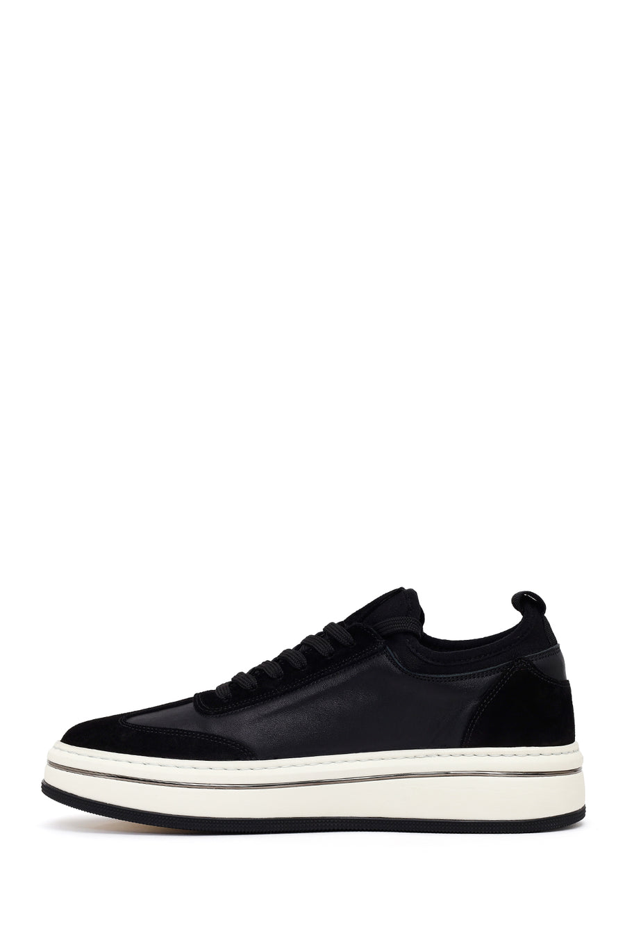 Erkek Siyah Bağcıklı Kalın Tabanlı Deri Sneaker