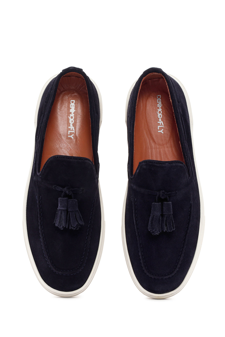 Men's Navy Blue Tasseled Chunky Sole Suede Leather Loafers