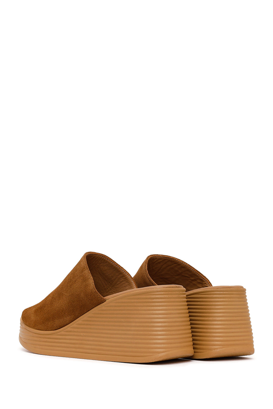 Woman Tan Wedge-Heel Suede Leather Slippers
