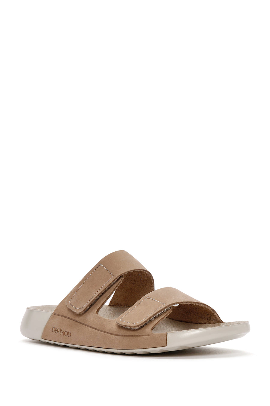 Women's Beige Double-Strap Nubuck Leather Comfort Slippers