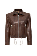 Edwina Women's Brown Leather Jacket with Removable Sleeves | Derimod