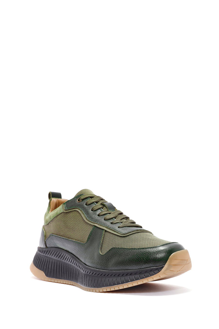 Erkek Haki Bağcıklı Deri Sneaker
