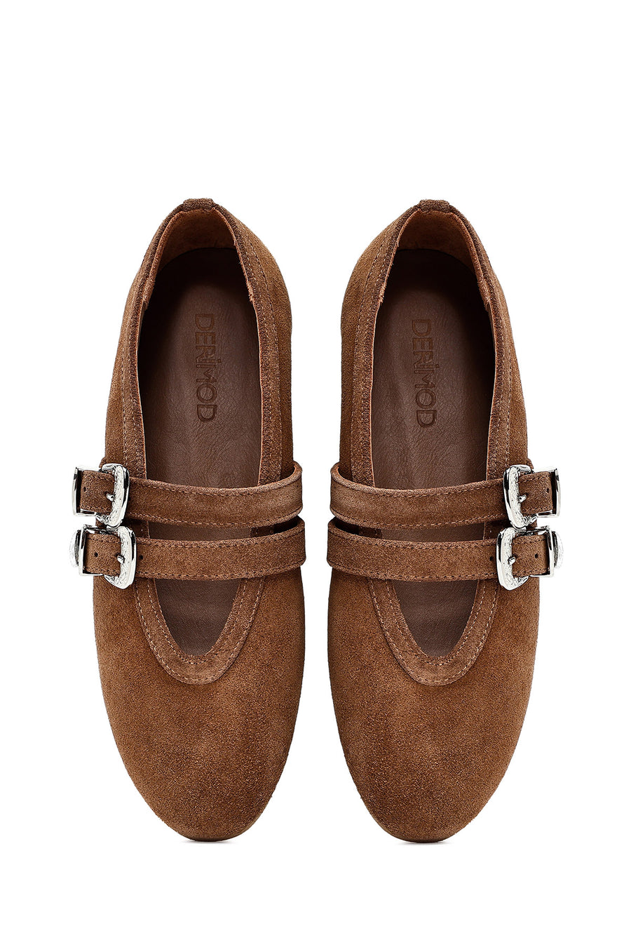 Women's Tan Double Buckled Suede Leather Ballerinas