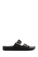 Men's Black Double Buckle Suede Leather Slippers | Derimod