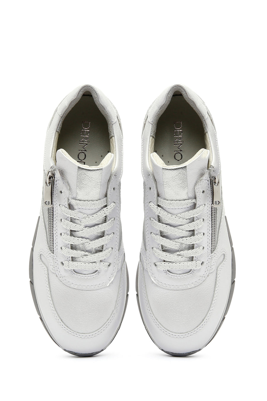 Kadın Beyaz Bağcıklı Yandan Fermuarlı Deri Sneaker