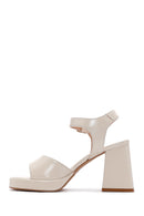 Women's Beige Patent Leather Thick Heeled Sandals | Derimod