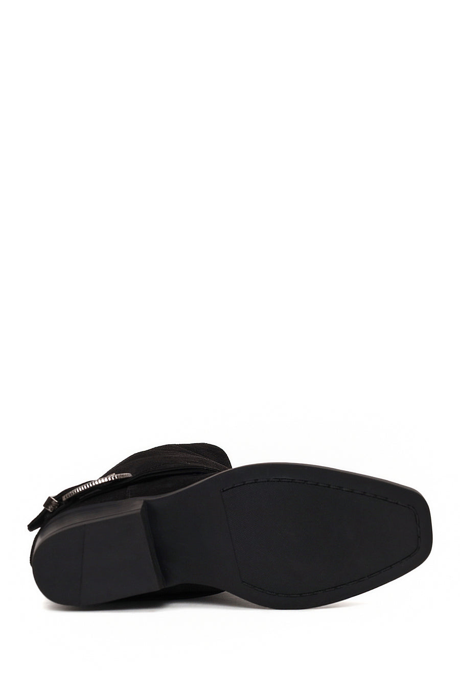 Woman Black Buckled Short Thick-Heeled Suede Boot