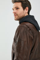 Garry Men's Cognac Hooded Leather Coat | Derimod