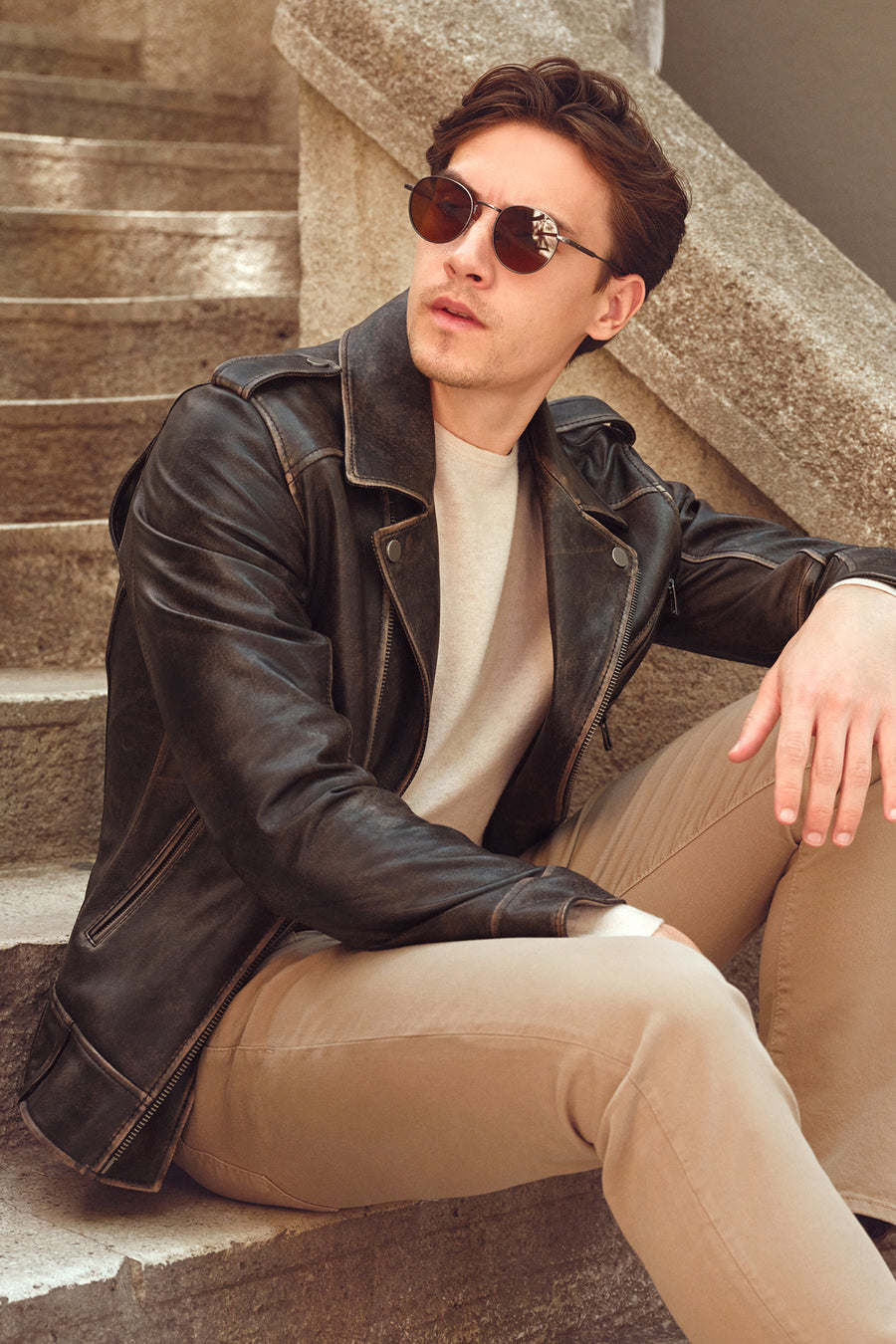Carter Men's Brown Biker Leather Coat 25WGD6490G6 | Derimod