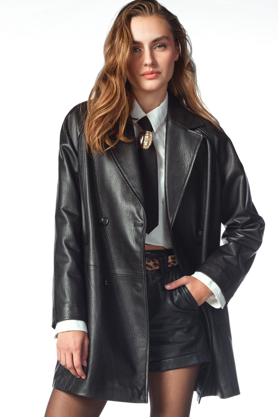 Wendy Women's Black Double Breasted Long Leather Jacket 25SGD52912H | Derimod