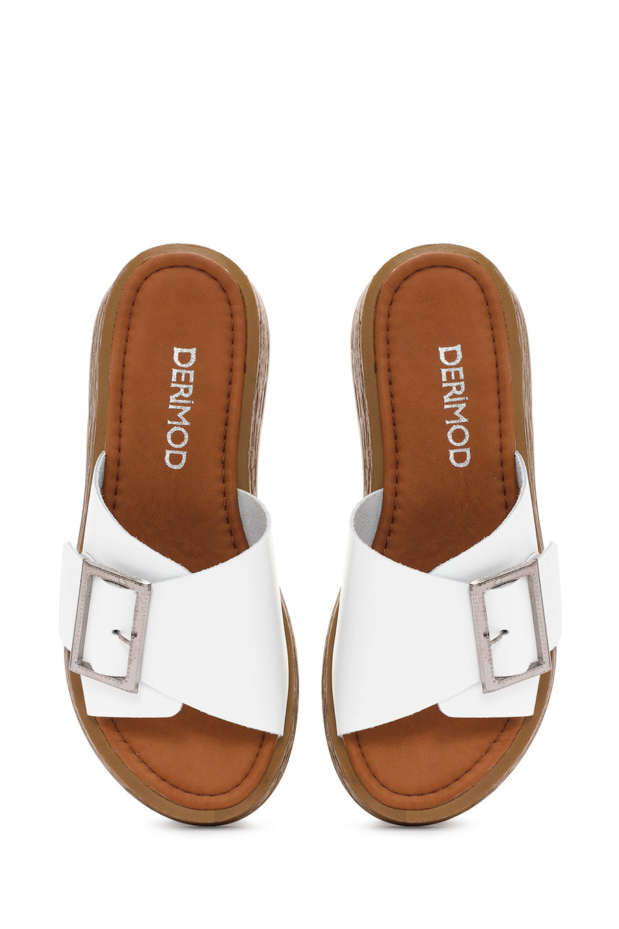 Women's White Buckle Leather Slippers