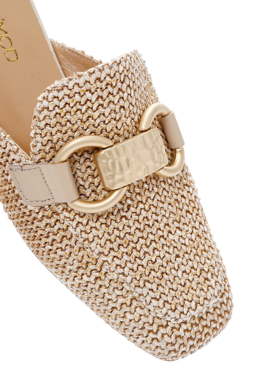 Women's Beige Buckle Detailed Straw Leather Slippers