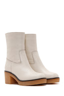 Women's Cream Zipper Detailed Low Heel Leather Boots | Derimod