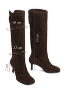Women's Brown Thin Heeled Suede Leather Boot | Derimod