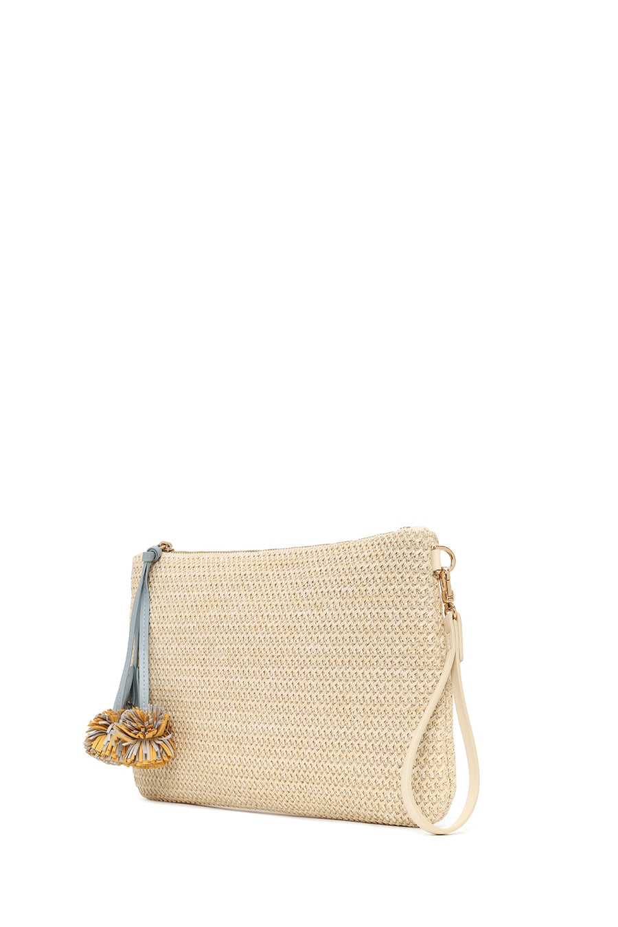 Woman Light Beige Wicker Clutch Bag with Long Chain Strap