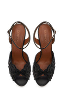 Woman Black Ankle Buckle Rhinestone Thin High Heel Leather Sandal | Derimod