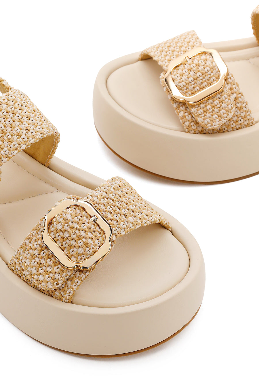 Women's Beige Double Buckle Thick-Soled Braided Sandals
