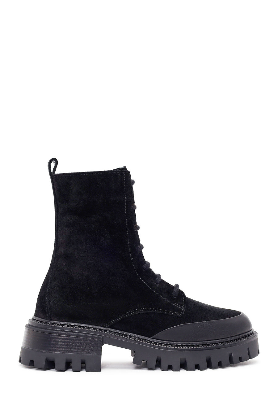 Woman Black Zip Closure Chunky-Heeled Suede Combat Boots WF170034DS | Derimod