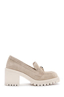 Women's Beige Suede Leather Heeled Loafer | Derimod