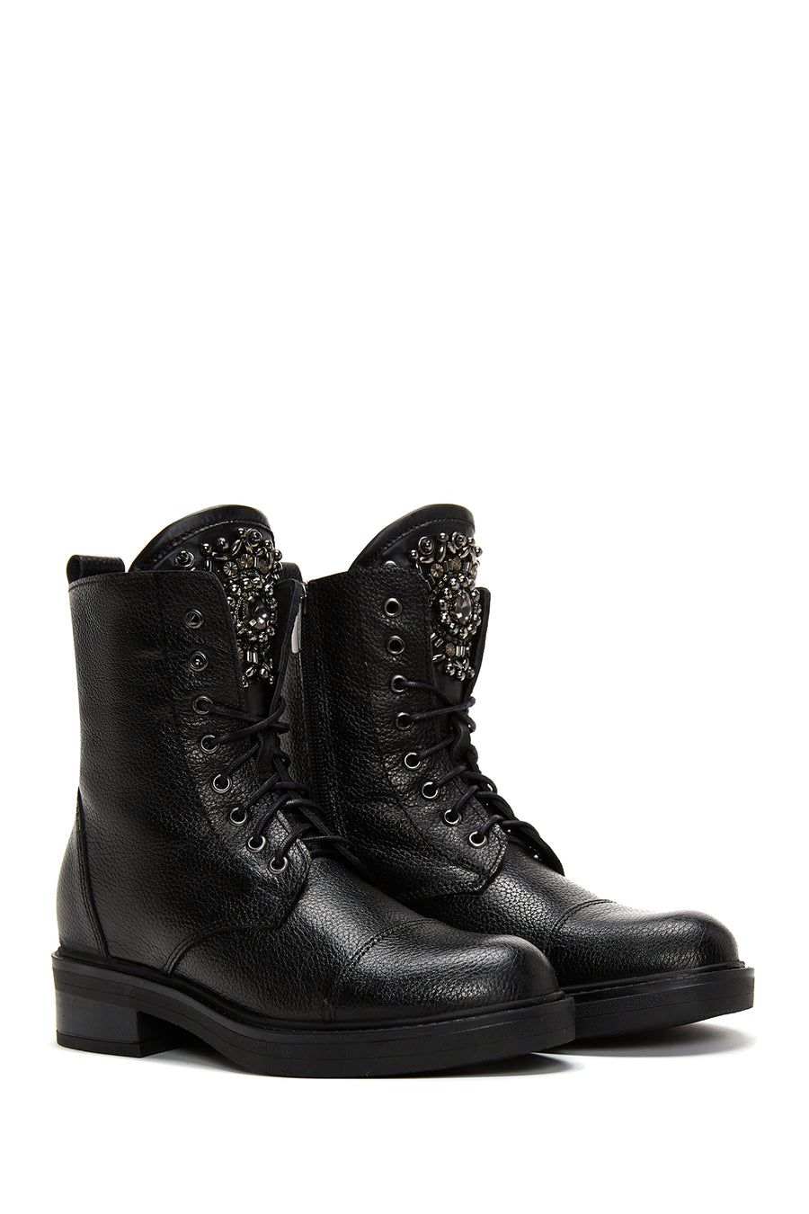 Women's Black Leather Zippered Stone Flat Boots