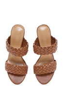 Women's Tan Knitted Thick Heeled Slippers | Derimod