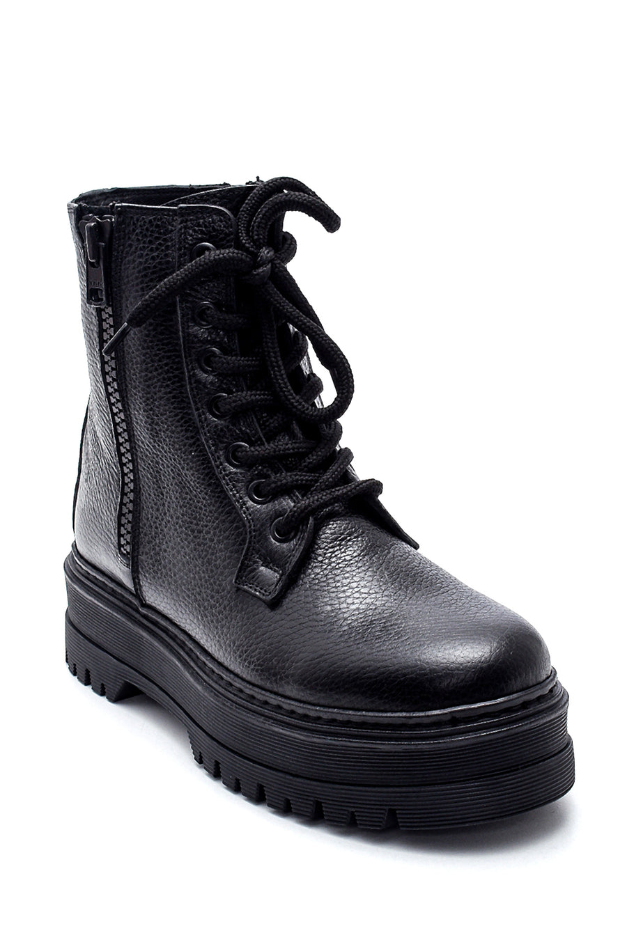 Women's Black Leather Thick Soled Boots