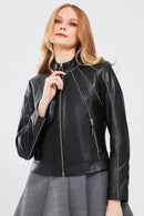 Julia Women's Black Short Leather Jacket | Derimod