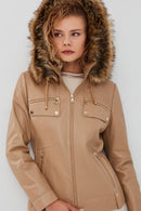 Monica Women's Beige Hooded Leather Coat with Fur Collar | Derimod