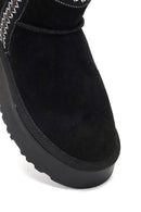 Women's Black Thick-Soled Patterned Suede Leather Teddy Boot | Derimod