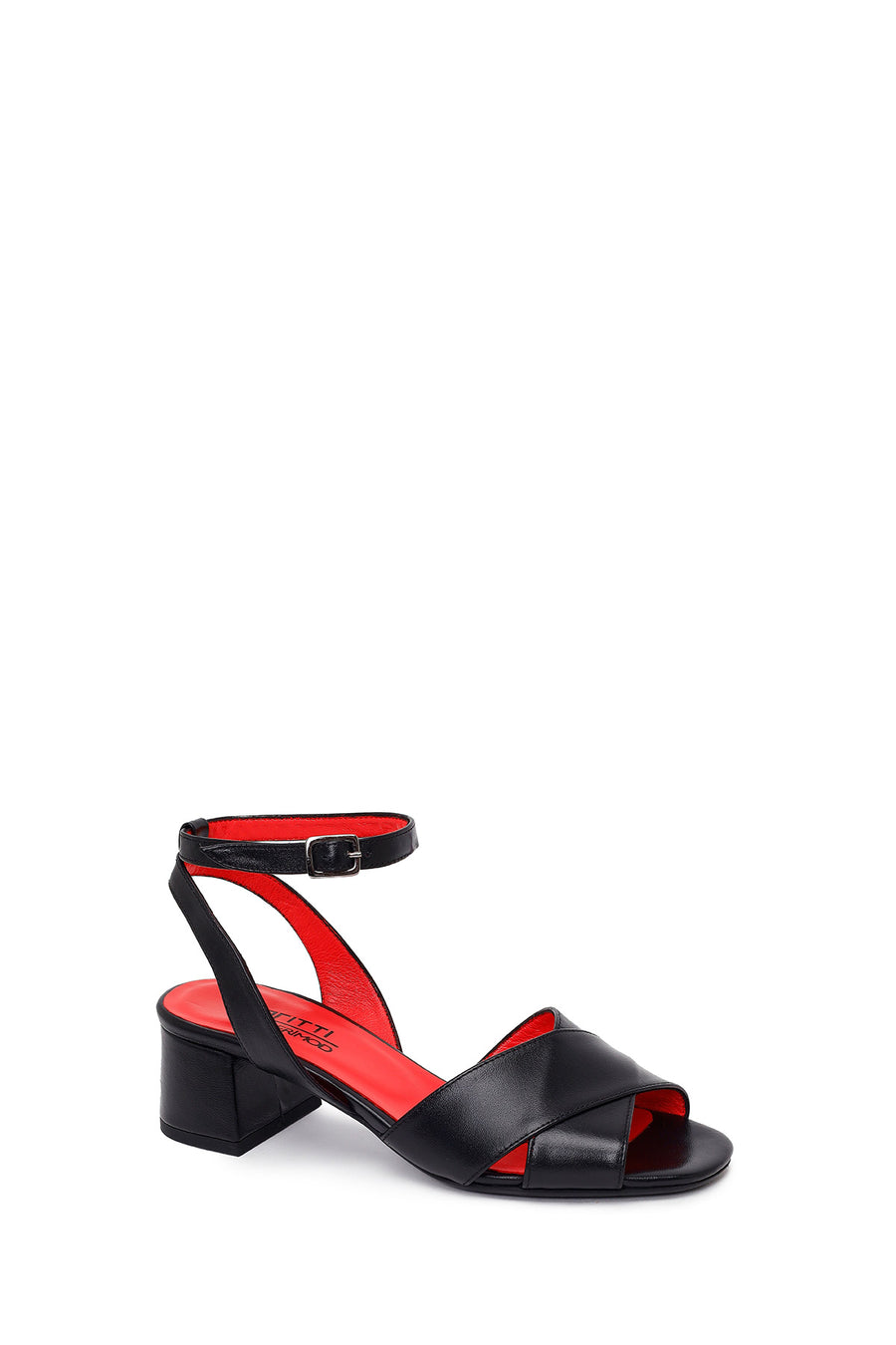 Derimod Gritti Woman Black Ankle-Buckle Short Chunky-Heel Leather Sandal