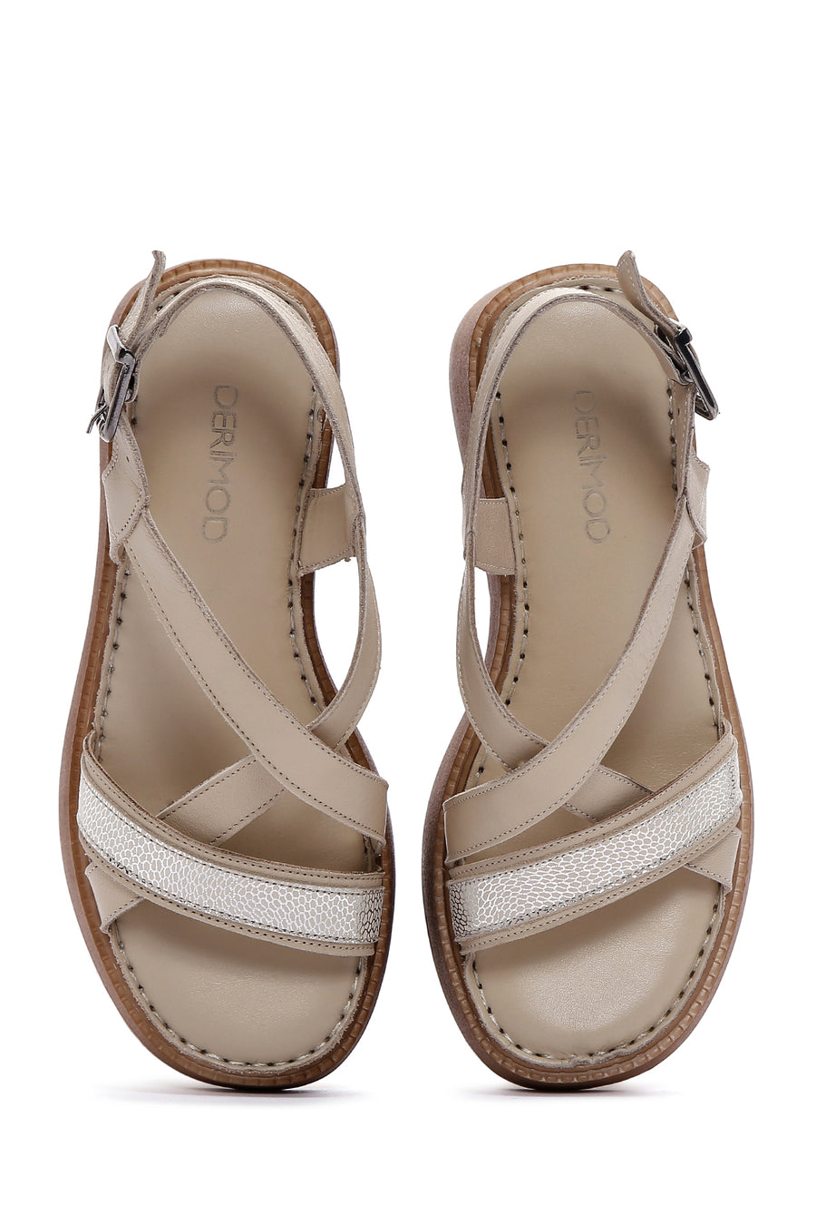 Women's Beige Ankle Strap Wedge Heeled Leather Comfort Sandals