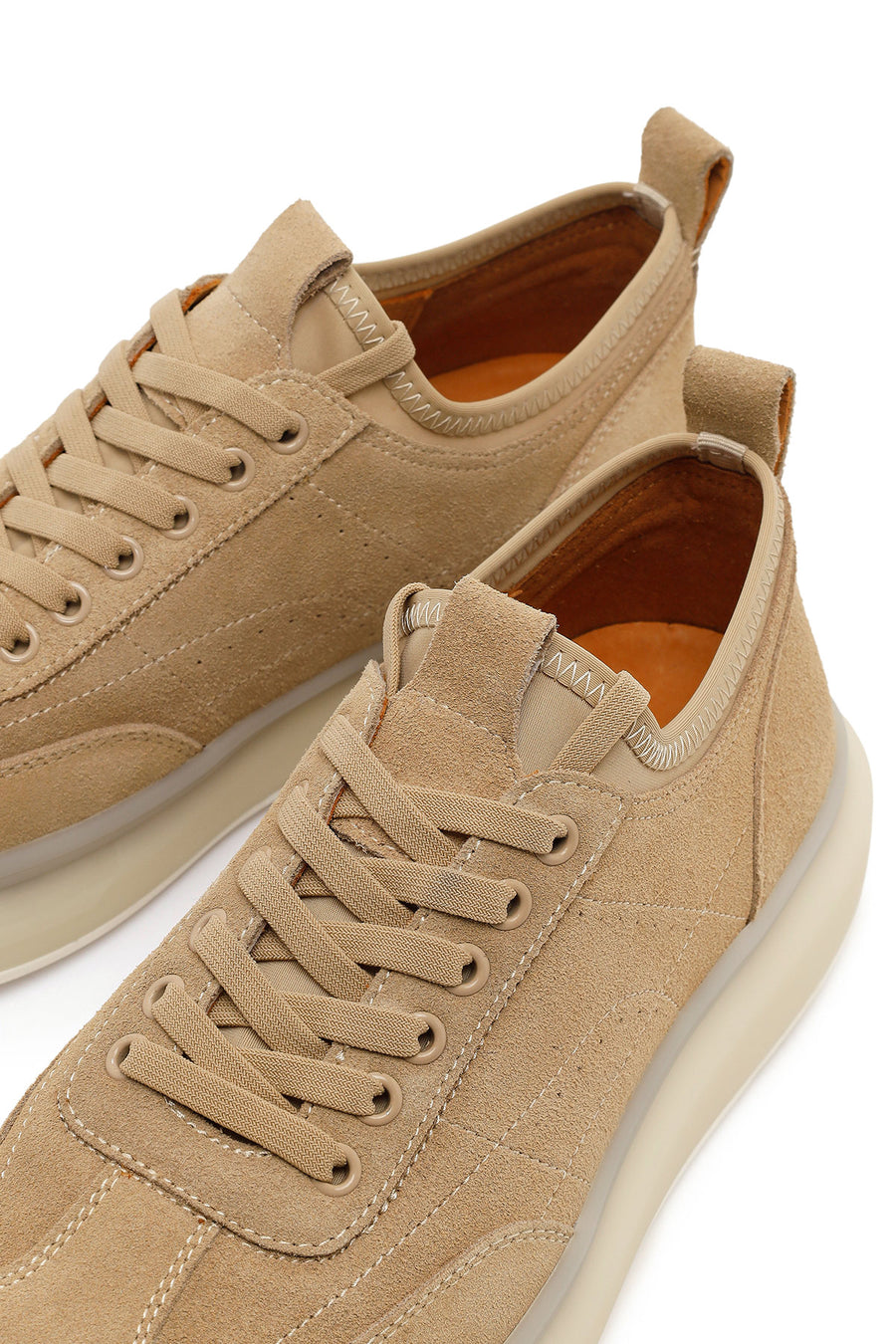 Men's Beige Lace-Up Thick-Sole Suede Leather Sneakers