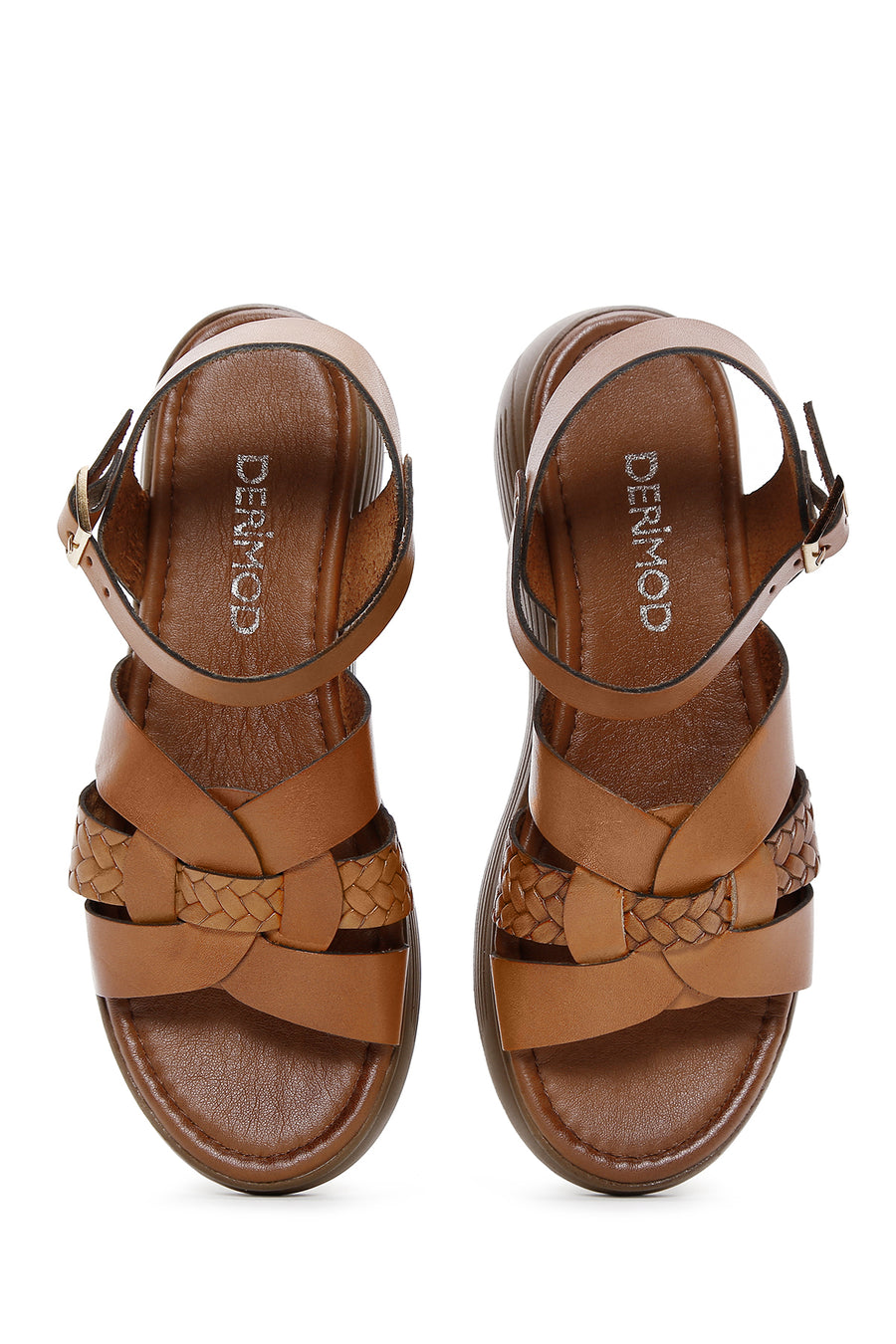 Women's Brown Thick Soled Knitted Detailed Leather Sandals