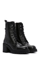 Women's Black Leather Zippered Heeled Boots | Derimod