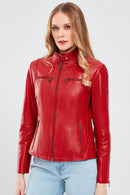 Maria Women's Red Short Leather Jacket | Derimod