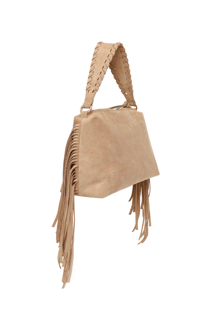 Woman Beige Suede Shoulder Bag with Long Chain Strap and Tassel