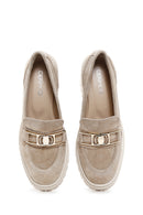 Women's Beige Suede Leather Heeled Loafer | Derimod