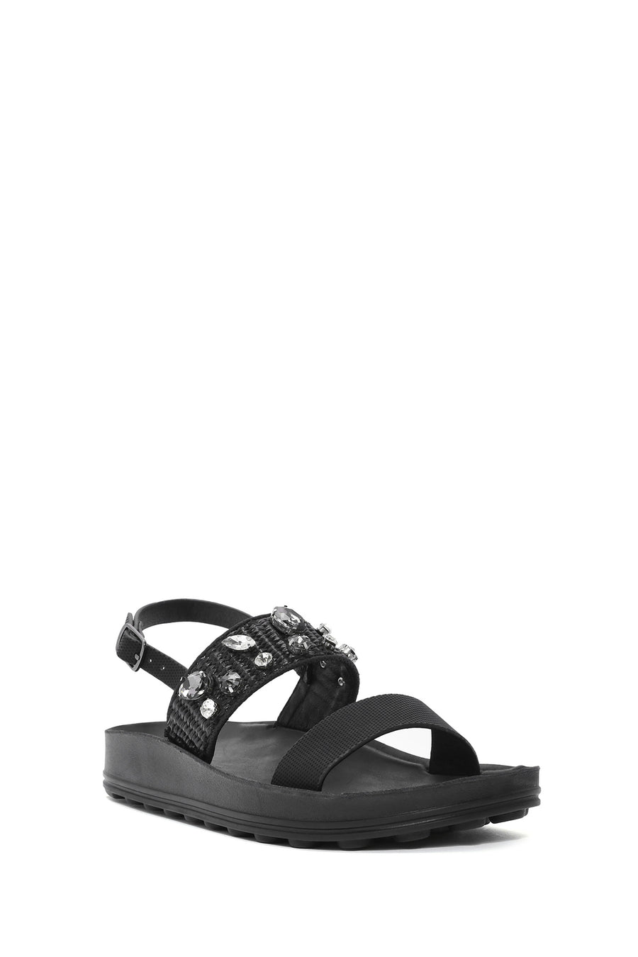 Women's Black Thick Soled Stoned Sandals