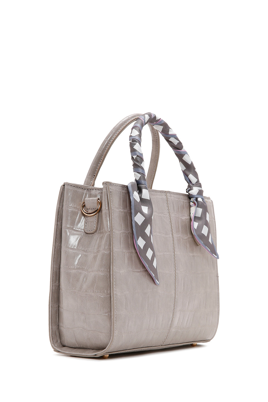 Women's Mink Long Strap Crocodile Patterned Handbag with Accessory Detail