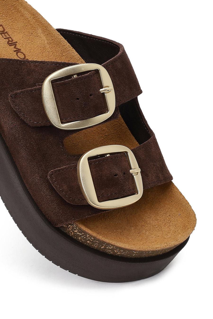 Women's Brown Double Buckle Thick Sole Suede Leather Slippers