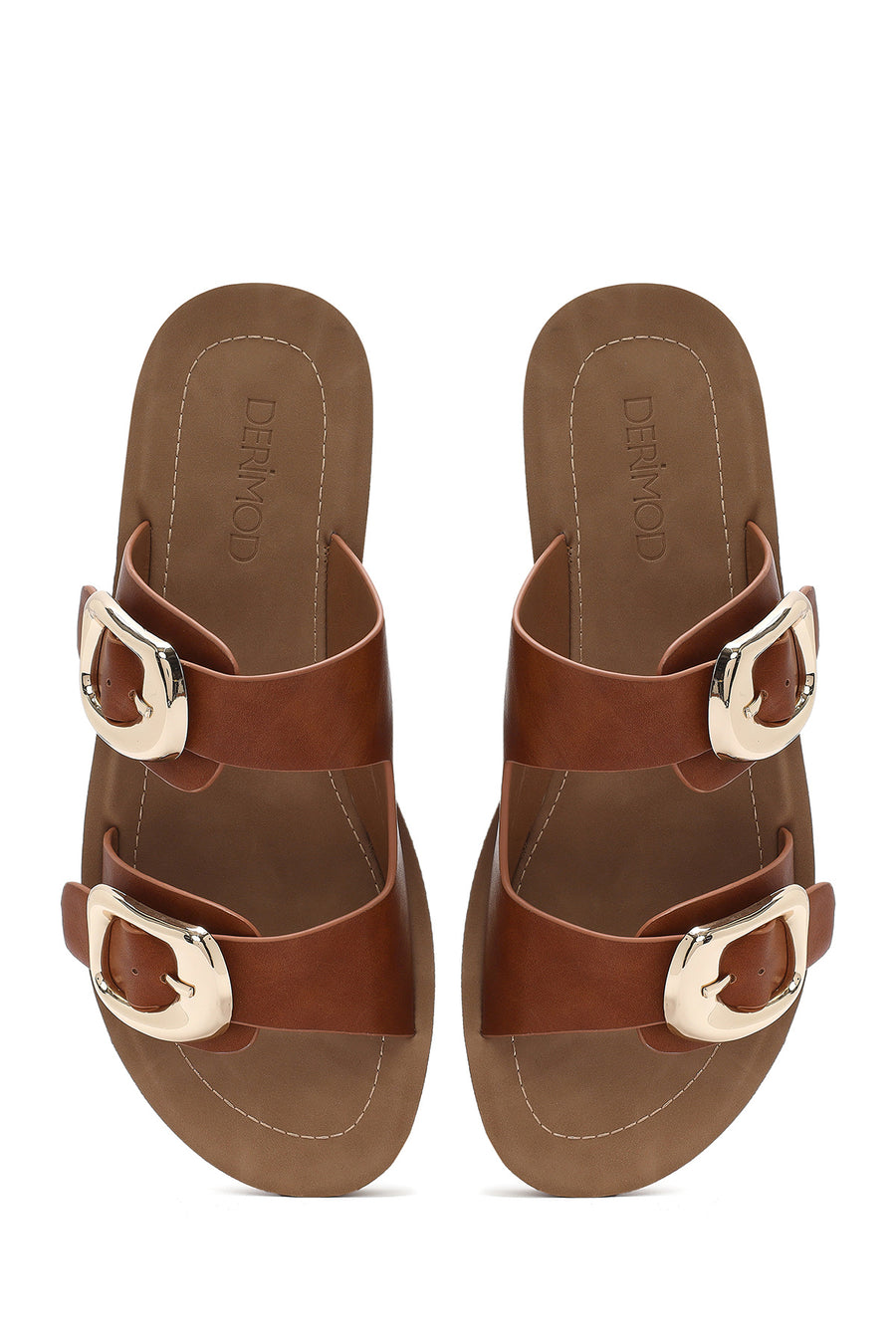 Women's Brown Double Buckled Thick Soled Slippers