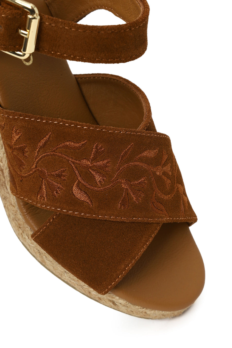 Woman Tan Ankle Buckled Wedge Heel Suede Espadrilles Sandal