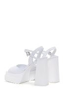 Women's White Leather Plaftorm Thick Heeled Sandals | Derimod