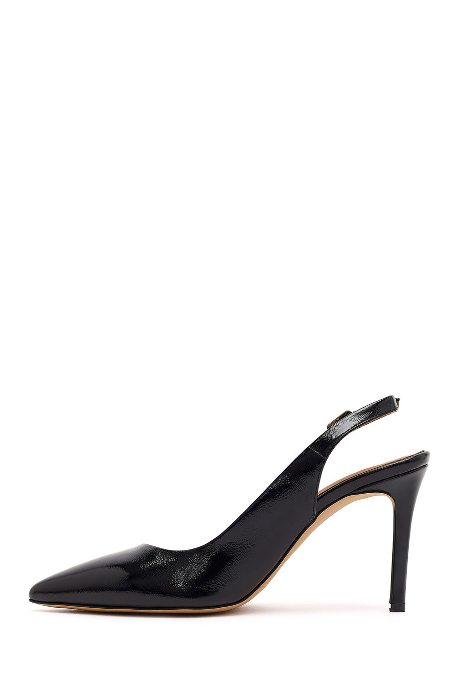 Women's Black Ankle Buckle Open Back Thin Heel Patent Leather Shoes