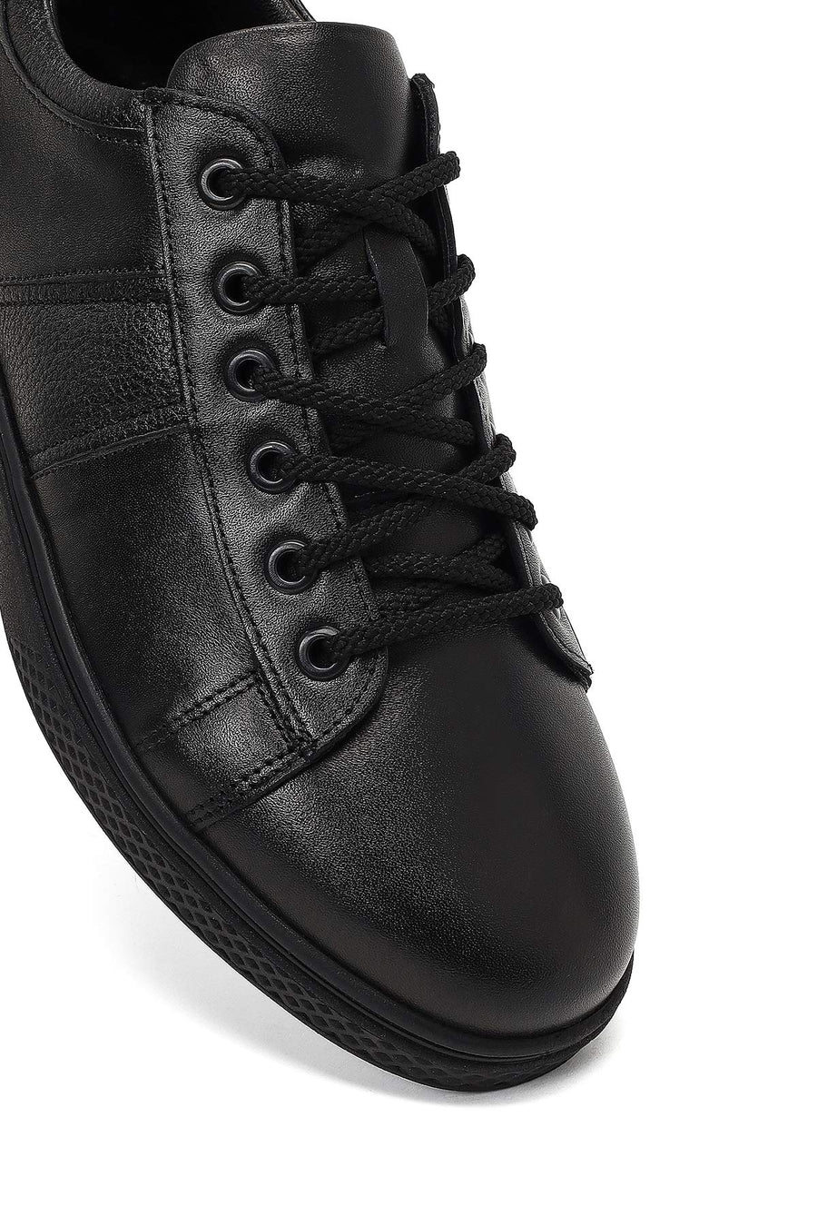 Erkek Siyah Bağcıklı Deri Casual Sneaker