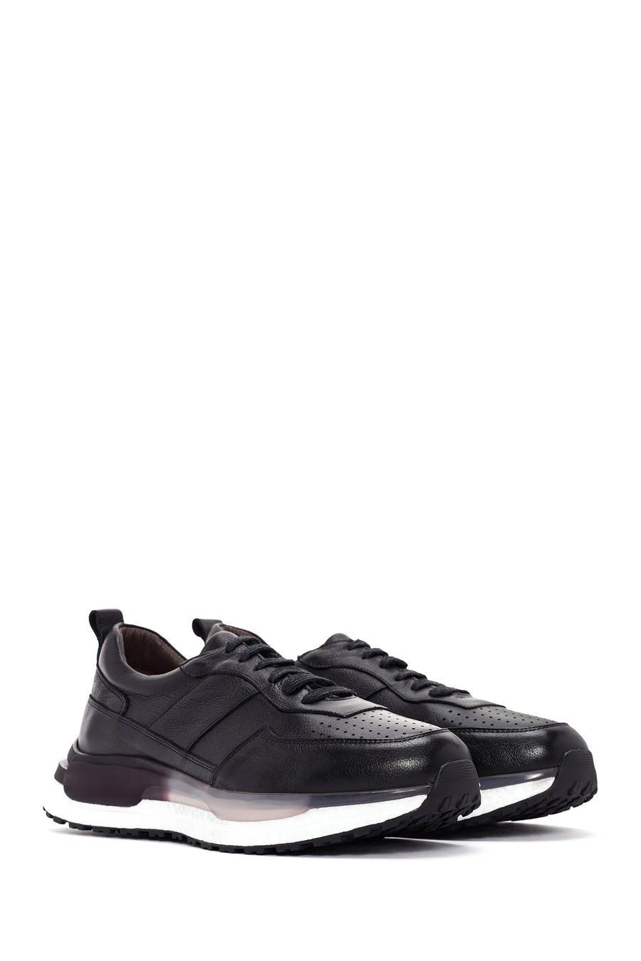 Erkek Siyah Bağcıklı Kalın Tabanlı Deri Casual Sneaker