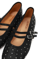 Woman Black Double-Buckle Embellished Leather Ballerine Shoes | Derimod