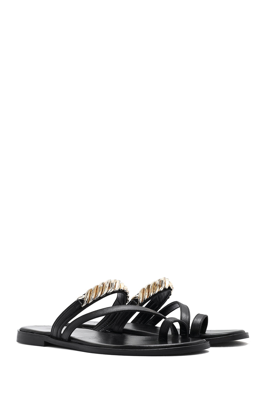 Women's Black Stoned Flip-Flop Leather Slippers